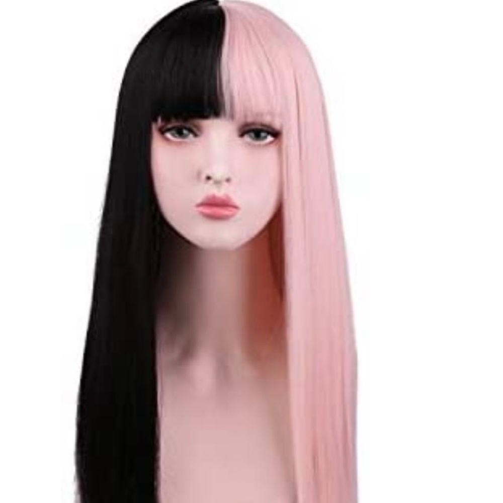 Black and pink wig with bangs